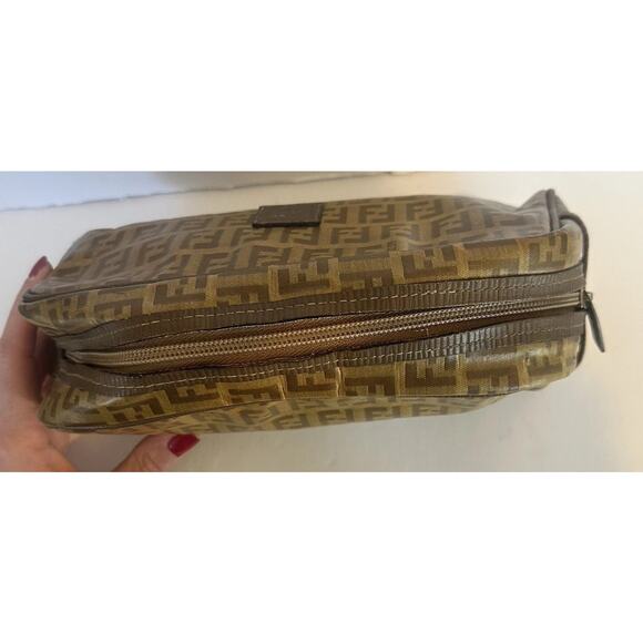 Fendi Zucchino Logo Zip Pouch Pattern PVC Clutch Brown Tan Vintage Bag authentic - Picture 4 of 12